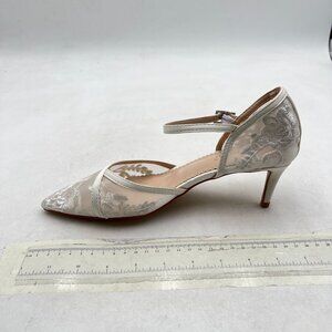 White Low Heel Elegant Mesh Pointed Toe Ankle Strap Pump Wedding Party Shoe